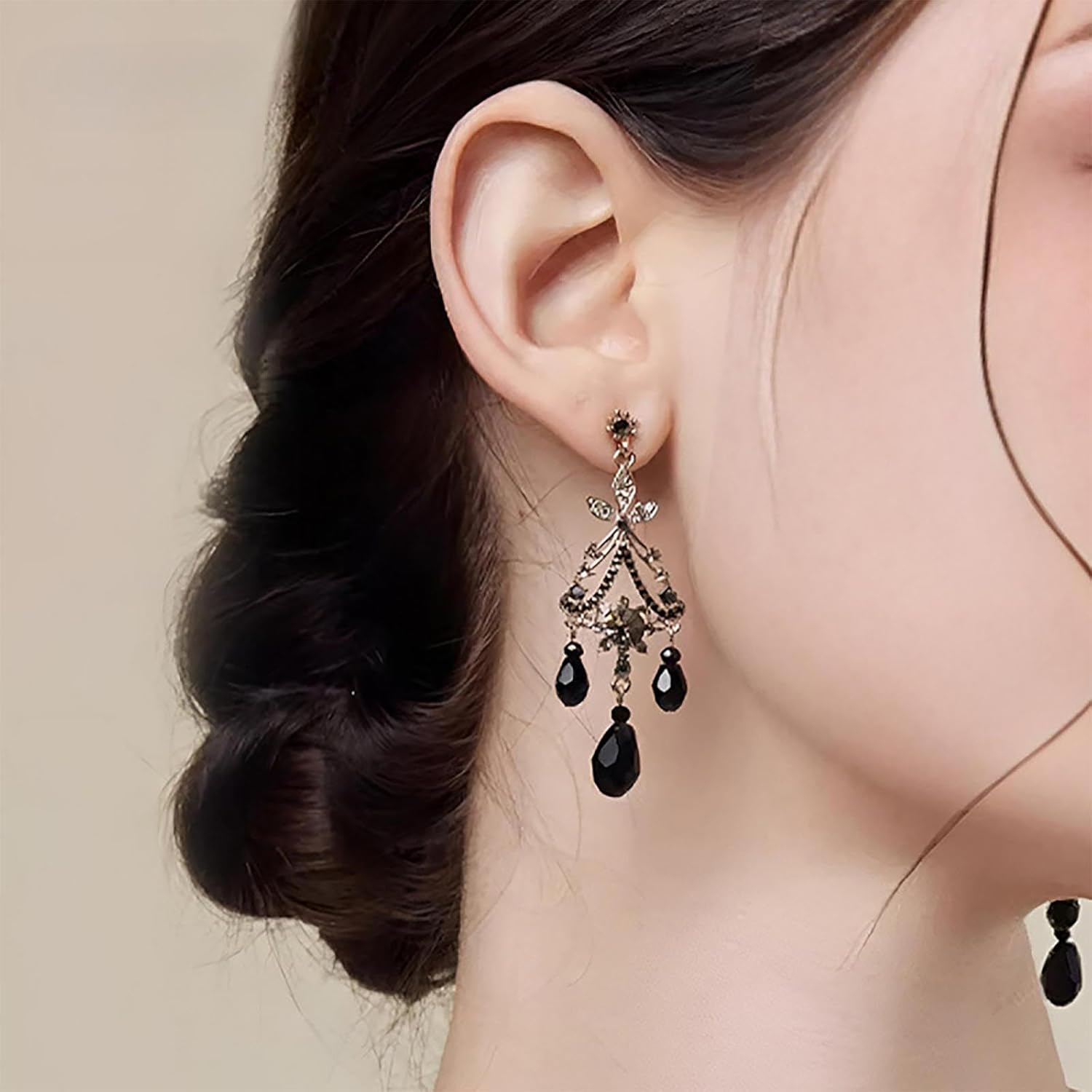 Andelaisi Boho Filigree Tassel Dangle Earrings Vintage Black Crystal Teardrop Earrings Silver Tribe Waterdrop Filigree Drop Earring Ethnic Gypsy Chandelier Earring Jewelry for Women - Image 5