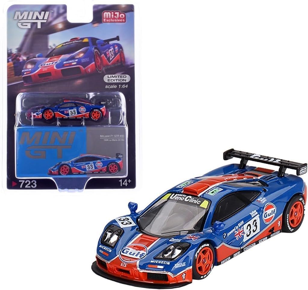 1:64 Scale Diecast Model Car Collectibles Compatible with Mini GT McLaren F1 GTR #33 1996 Le Mans 24Hr Gulf Blue, Limited Edition MGT00723