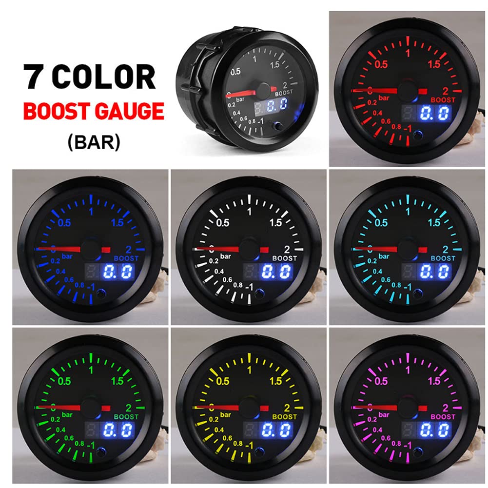 Qiilu 2-in-Turbo-Ladedruckanzeige-Kit 2 Bar DC12V Buntes Display Auto-Turbo-Druckladeanzeige-Messgerät-Set Universal-Auto-modifizierte Teile