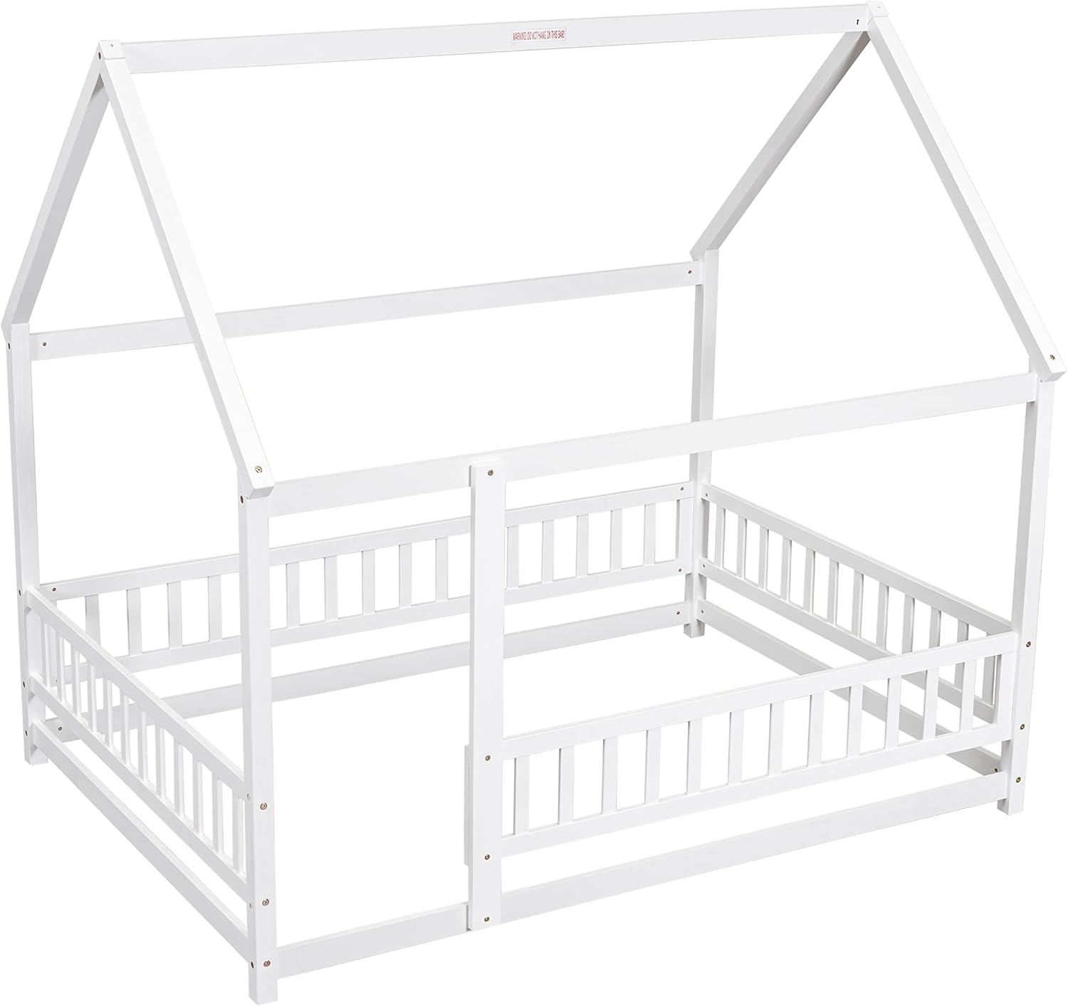 Bellemave Full Size Floor Bed Frame House Bed for Kids with Cute Roof Frame, Sturdy Wooden Montessori Floor Bed Full Size Safety Playhouse with Guardrails, Load 400 LBS, White