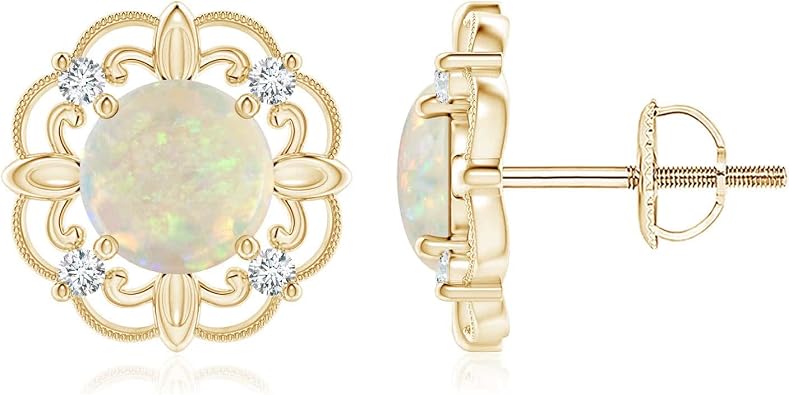 ANGARA - Womens Earrings in Sterling Silver / 14K Solid Gold | Opal and Diamond Fleur De Lis Earrings | Birthday, Anniversary Gemstone Jewelry