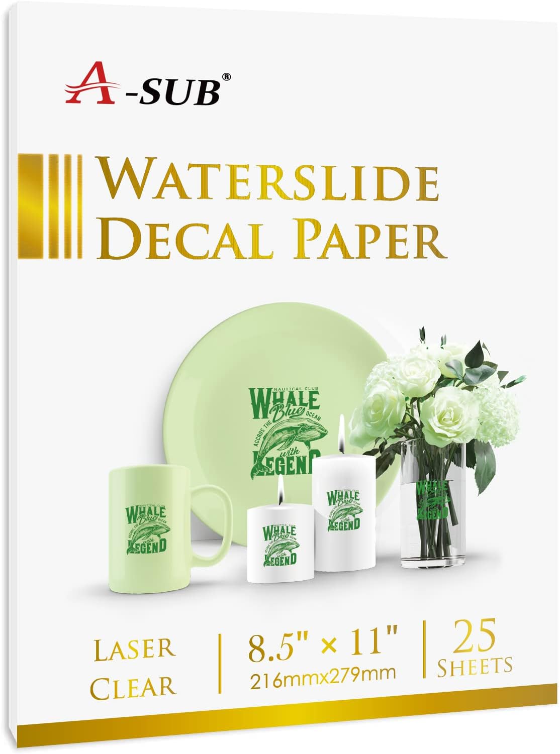 A-SUB 25 Sheets Waterslide Decal Paper for Laser Printers - Transparent Clear - 8.5x11 Inch Water Slide Transfer Paper for DIY Tumbler, Mug, Glass Decals