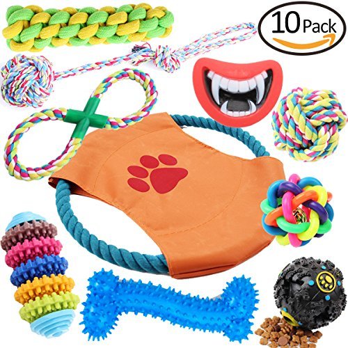 Hhusali Dog Toys 10 Pack Gift Set, Ball Rope and Chew Squeaky Toys for Medium to Small Doggie