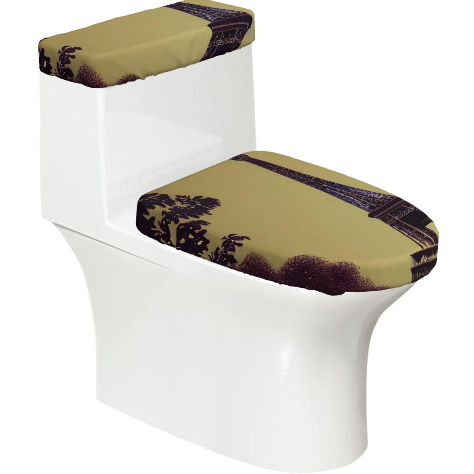Eiffel Tower Paris Print Stretch Toilet Covers Set, Polyester Covers Replacement For Fits Most Size Lids Bathroom Decor