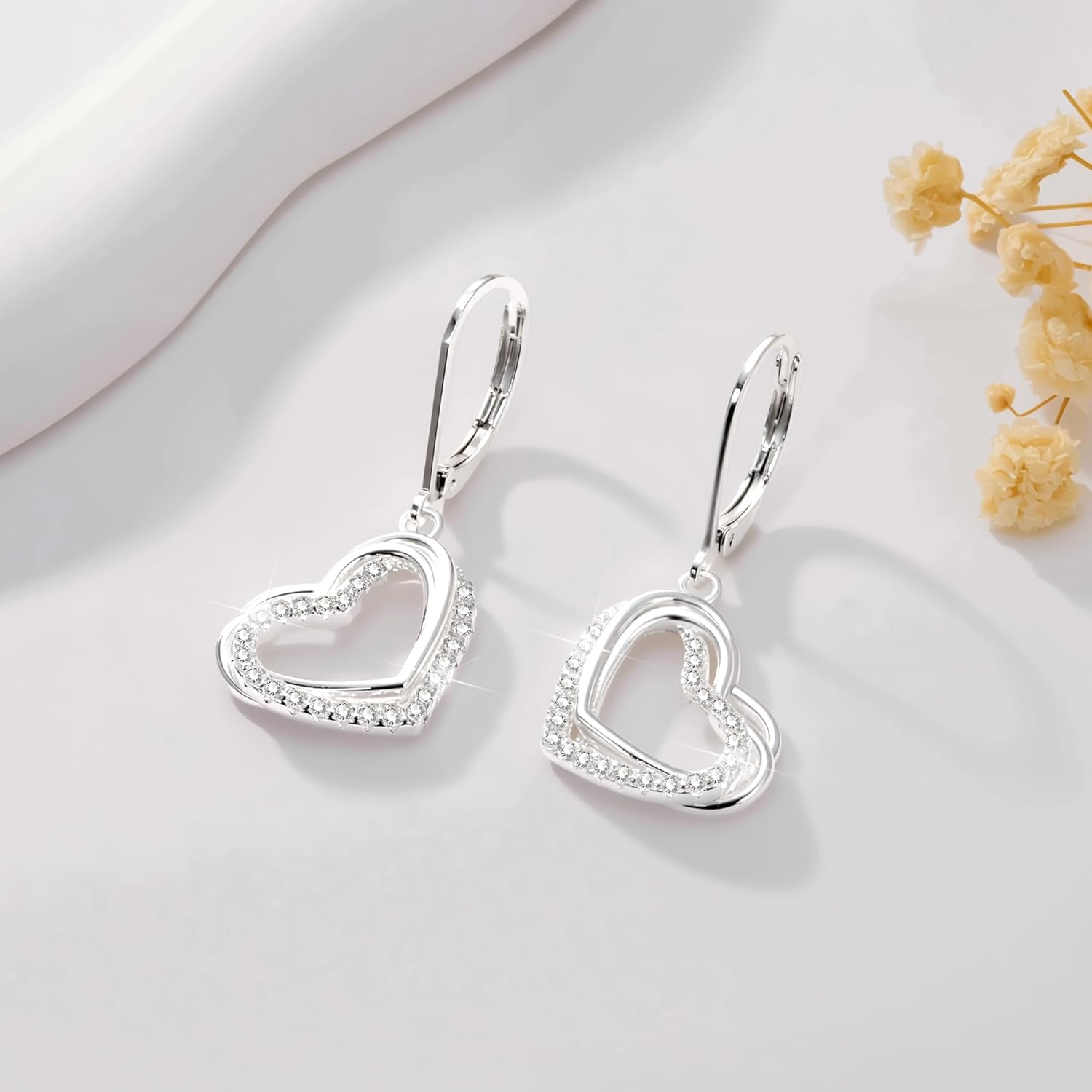 925 Sterling Silver Heart Earrings for Women, 14K Gold Plated Cubic Zirconia Dangle Earrings, Leverback Hypoallergenic Drop Earings for Women, Valentine's Day Gifts - Image 3