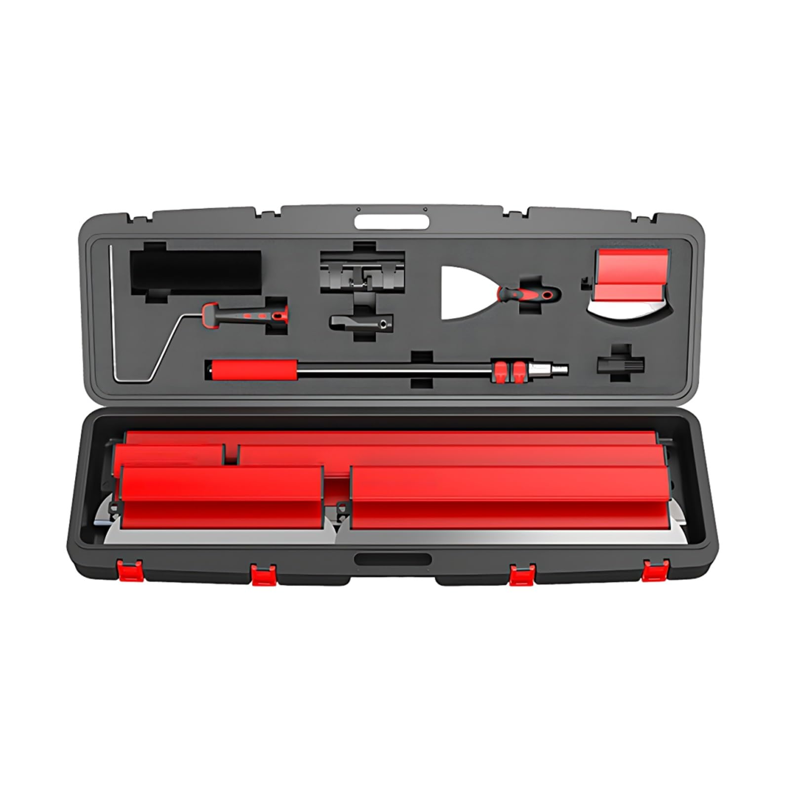Glättkelle Set aus Edelstahl, 6 Klingen 15-100cm mit 120cm Teleskopstange, Koffer für Wand- Deckenbeschichtung, Profi-Werkzeug für Renovierung & Innenausbau(Red)