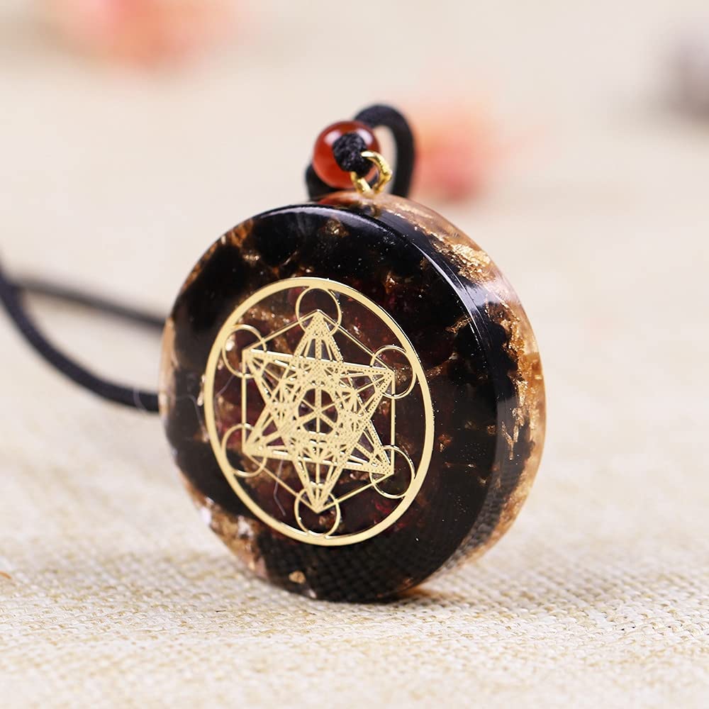 DYFUHO Orgone Metatron Cube Merkaba Anhänger Halskette, Om Crystals Stones Orgonit Anhänger, Orgonit Chakra Halskette zum EMK Schutz (schwarz, kettenvereinbar)