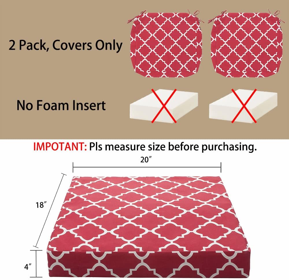 Magpie Fabrics Indoor Outdoor Cushion Cover Replacement 2 Pack, NO INSERT! Water Repellent Slipcover with Ties Christmas Decor for Patio Garden Chair Seat Sofa Bench Wicker(Geometry Red, 20x18x4 Inch)