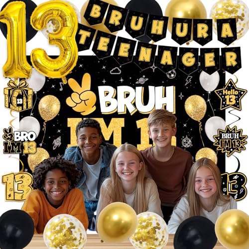 Image of 13th Birthday Decorations for Boys Girls, Black Gold Bruh Ur A Teenager Birthday Party Decorations, Bruh I'm 13 Backdrop, Foil Balloons 13, Banner, Balloons, Hanging Swirls, Birthday Card Set 45pcs
