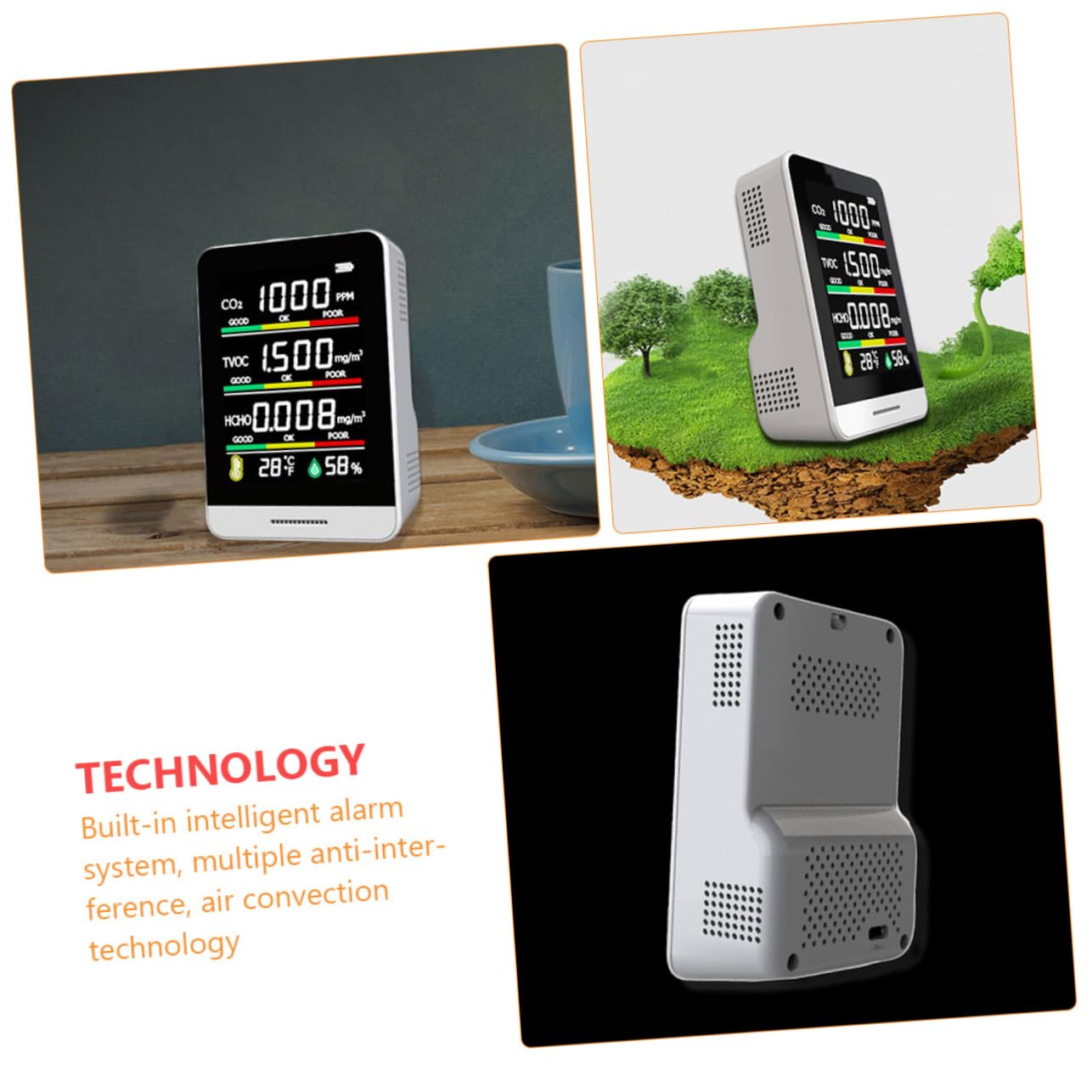 Medidor de Co2 Portátil, Monitor de Calidad del Aire, Blanco | Detección Tvoc, Alerta Sonora y Visual de Doble Capa, Batería 1200 Ma, Carcasa de Vidrio