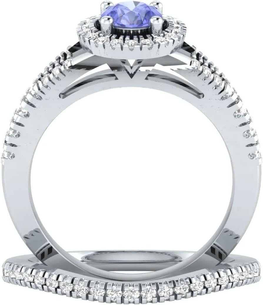 Ranjeeta Round Cut Simulated Blue Tanzanite & Diamond 925 Sterling Silver 14K White Gold Fn Diamond Wedding Engagement Halo Bridal Ring Set for Women's