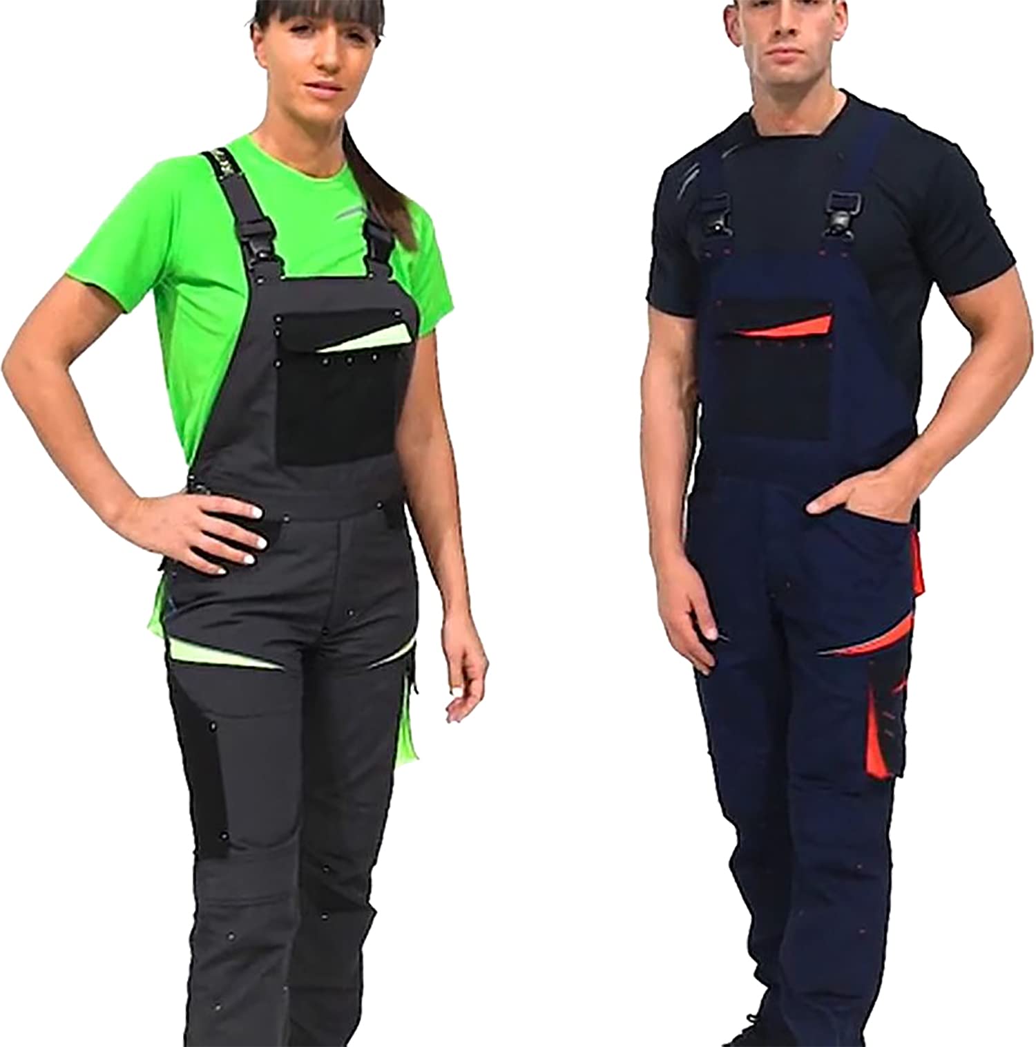 Teamwork Workteam Pantalones con Peto de Trabajo. Tejido Canvas (Extremadamente Resistente y Duradero). Tirantes con elástico y Hebillas automáticas. Unisex Marino+Marino Oscuro+Rojo A.V. XL