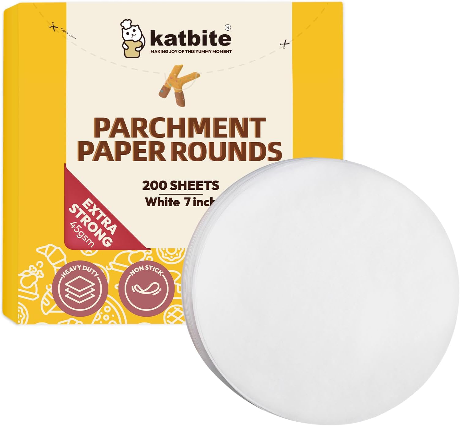 Katbite Heavy Duty Parchment Rounds 7 Inch 200 Pcs, 4"6"8"9"10"12" Parchment Paper Rounds Available, Uses for Cake Baking, Air Fryer Liners