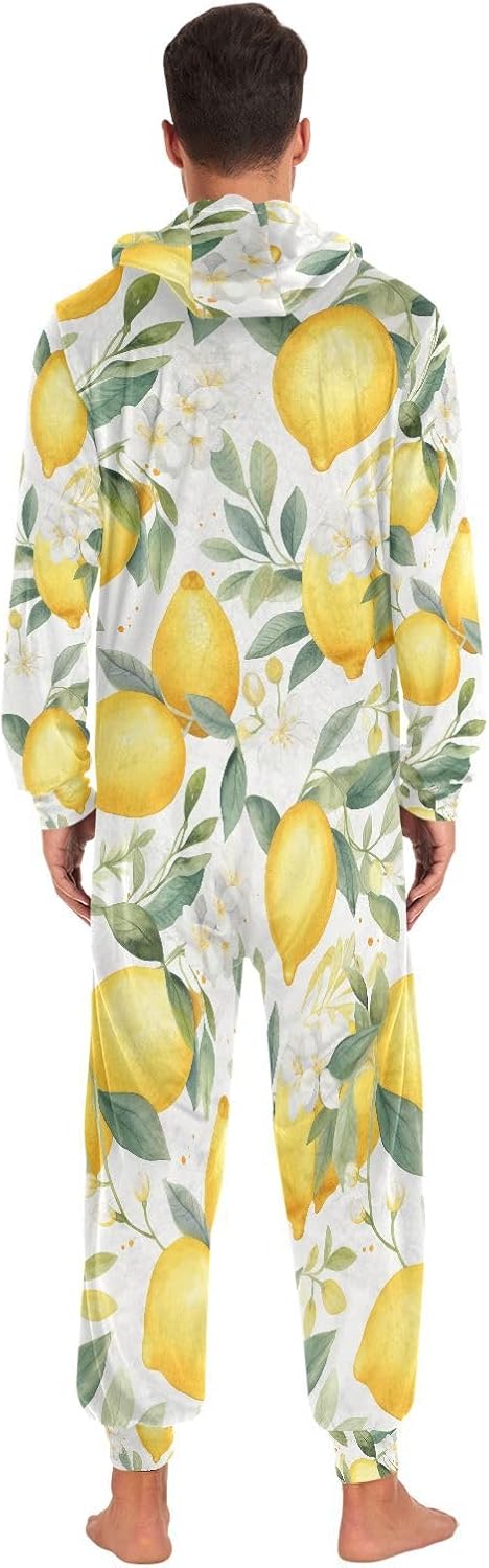 Lemon White Flower Green Leaves Adult Onesie Pajamas Novelty One Piece Costume Sleepwear Jumpsuits Matching PJS