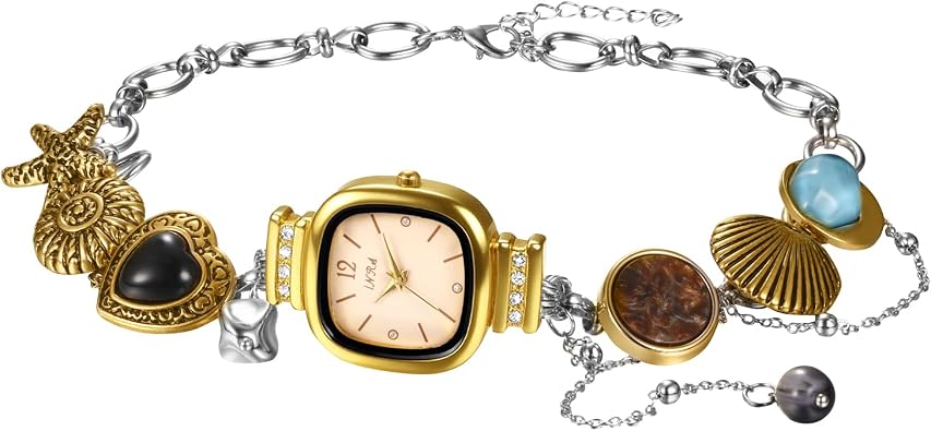 JewelryWe Womens Ocean Necklace Watch Square Dial with Seashell Starfish Imitation Gems Charms Gold Silver Two-Tone Stainless Steel Adjustable Chain Analog Quartz Watches for Summer Beach Party Daily Office