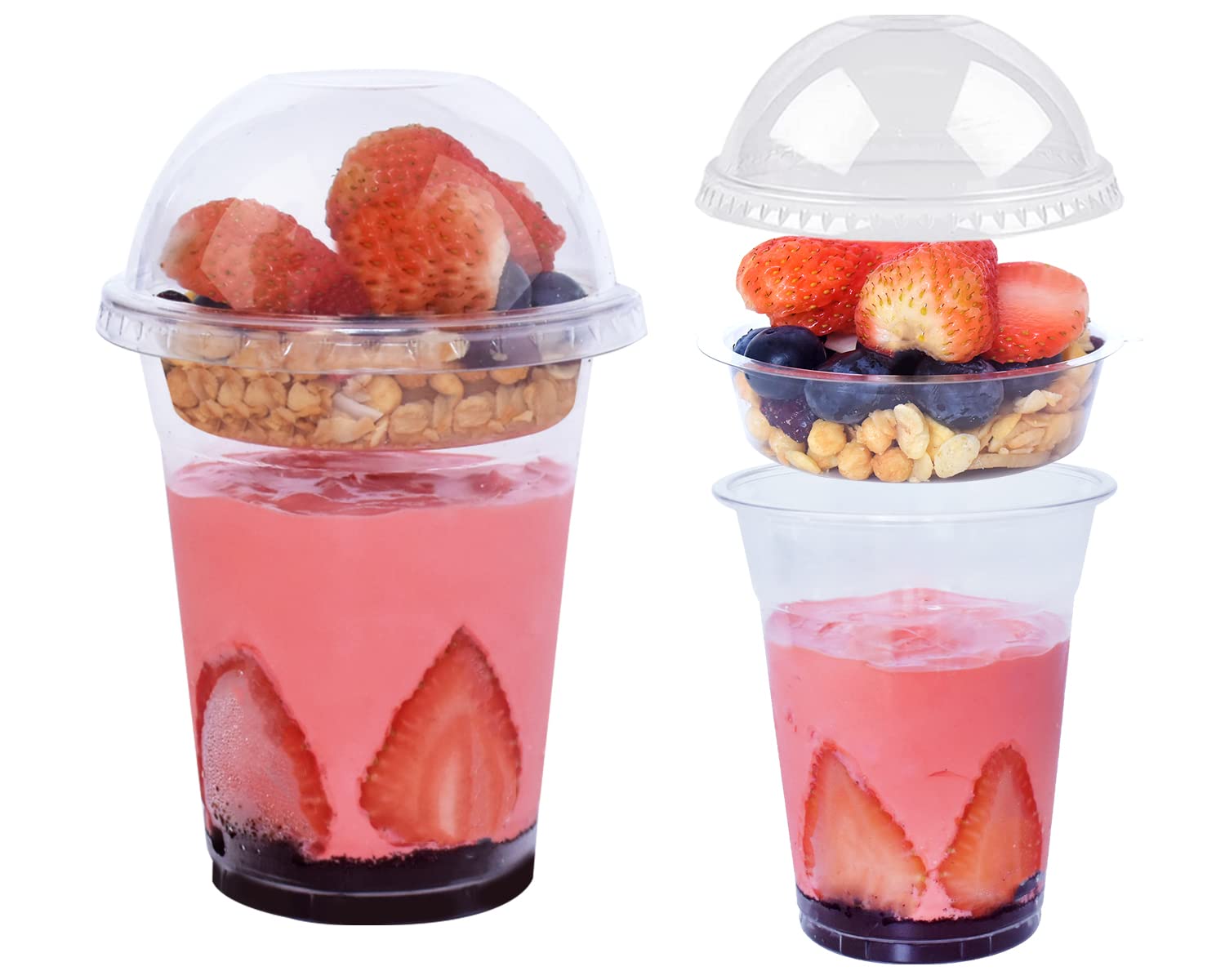 50 juegos de vasos de plástico transparente de 12 onzas con inserto y tapas de cúpula (sin agujero), vasos desechables para parfait con tapas para frutas, yogur, batidos, bebidas frías heladas, salsas