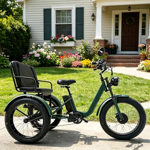 HpJfdsU Bicicleta Eléctrica 3 Ruedas, Bicicleta De Paseo con Asiento Y Neumáticos Anchos, Pantalla LCD, Faro Delantero, Cuadro De Aleación Aluminio, para Adultos Y Personas Mayores. Green