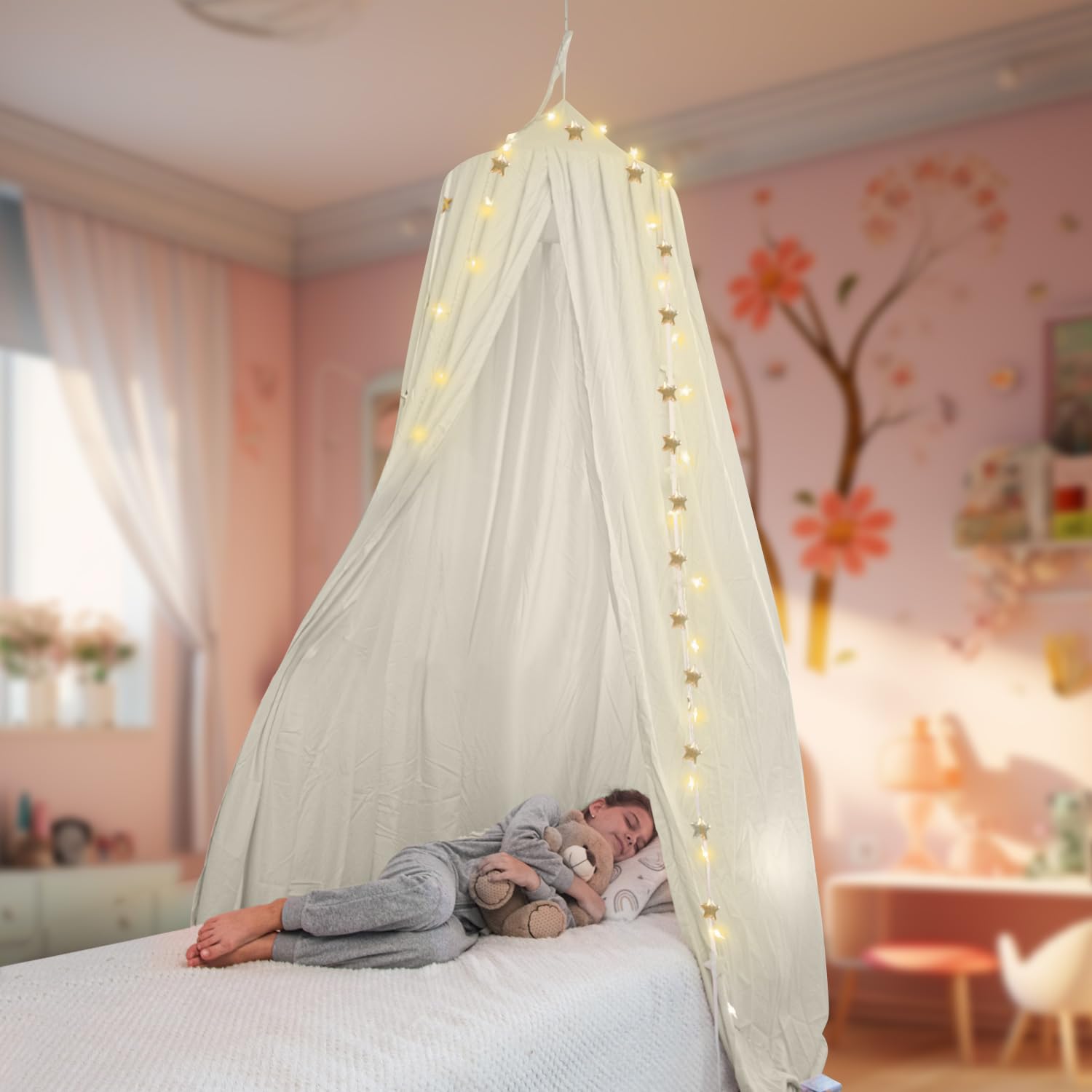 Bollepo Bed Canopy with Lights, Bed Canopy for Girls Room, Princess Bed Canopy | Single, Twin, Full, Queen | Bed Canopy for Girls, Kids Bed, Hanging Canopy, Fairy Lights Led Canopy, Canopy Bed