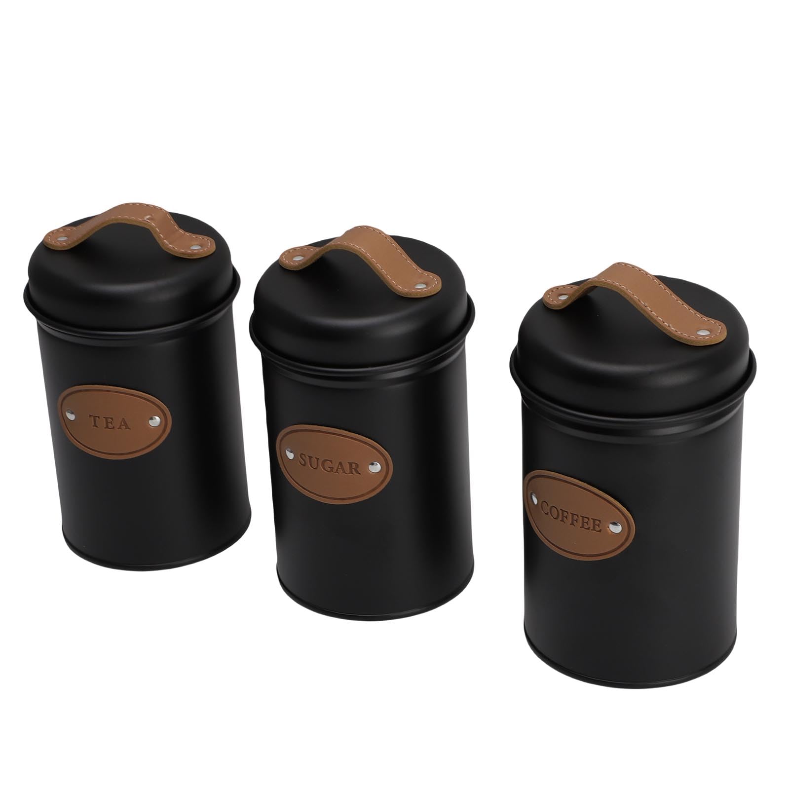 Walfront Set Barattoli Sigillati Barattolo per caffè in Ferro 3 Pezzi 15,5 X 10,4 Cm con Coperchi con Manico Ed Etichette Distintive per tè, caffè, Zucchero, Farina, Bancone della, Dispensa (BLACK)