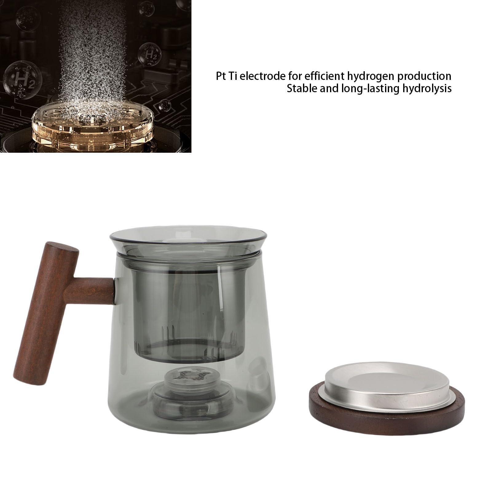 Luocute 500-ml-Wasserstoff-Teekanne, Protonenmembran-Anodenbeschichtung, Wasserstoff-Wasserstoffgenerator (6000–8000 ppb), mit Holzgriff und Wassertrennsystem, für Losen Tee und