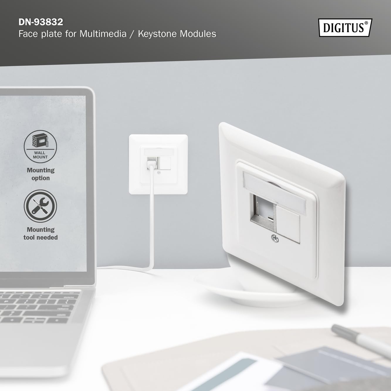 DIGITUS 10x Anschlussdose 2 Port – Auslass Gerade – Für Multimedia Keystone-Module + 20x Keystone-Kupplung HDMI 2.0 – Weiß