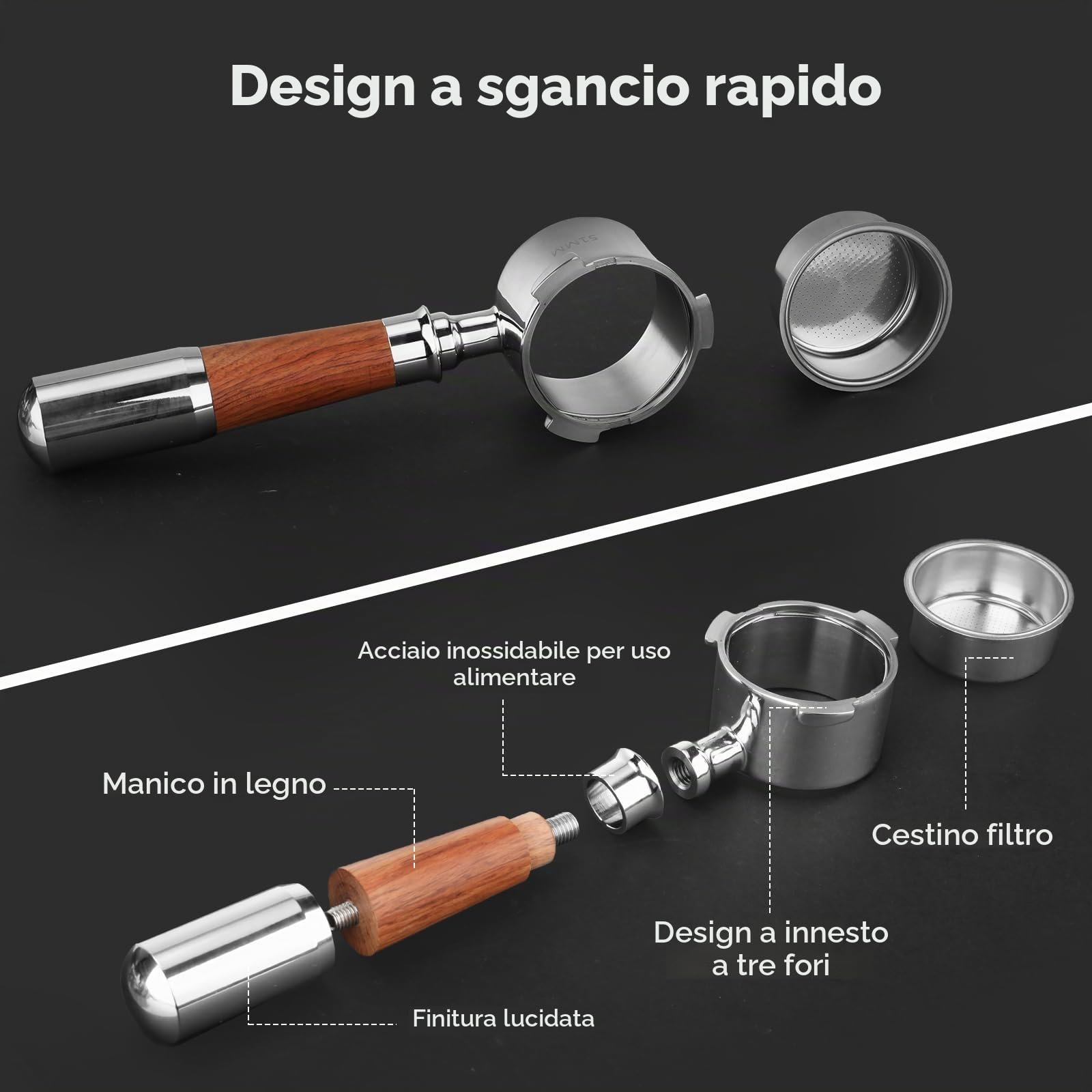 Romon Filtro Delonghi Macchina Caffè, Portafiltro 51mm con Manico in Noyer, Compatibile con Modelli Delonghi EC680/EC685/EC885/EC890, 3 Orecchie