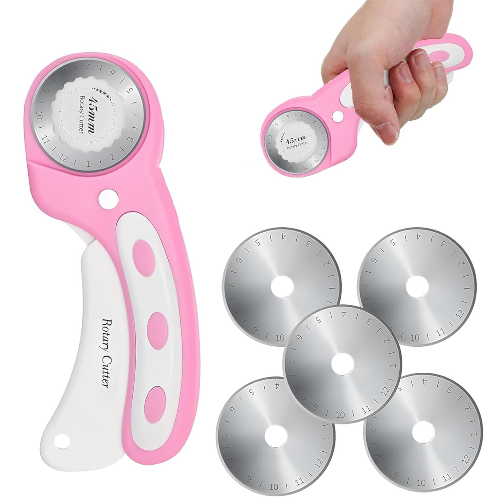 45mm Rotary Cutter for Fabric with 5pcs Extra Blades, Ergonomic Handle Rolling Cutter with Safety Lock for Fabric for Leather, Sewing, Quilting, Rotary Cutter Perfect for Left & Right Hand (Pink) - 1