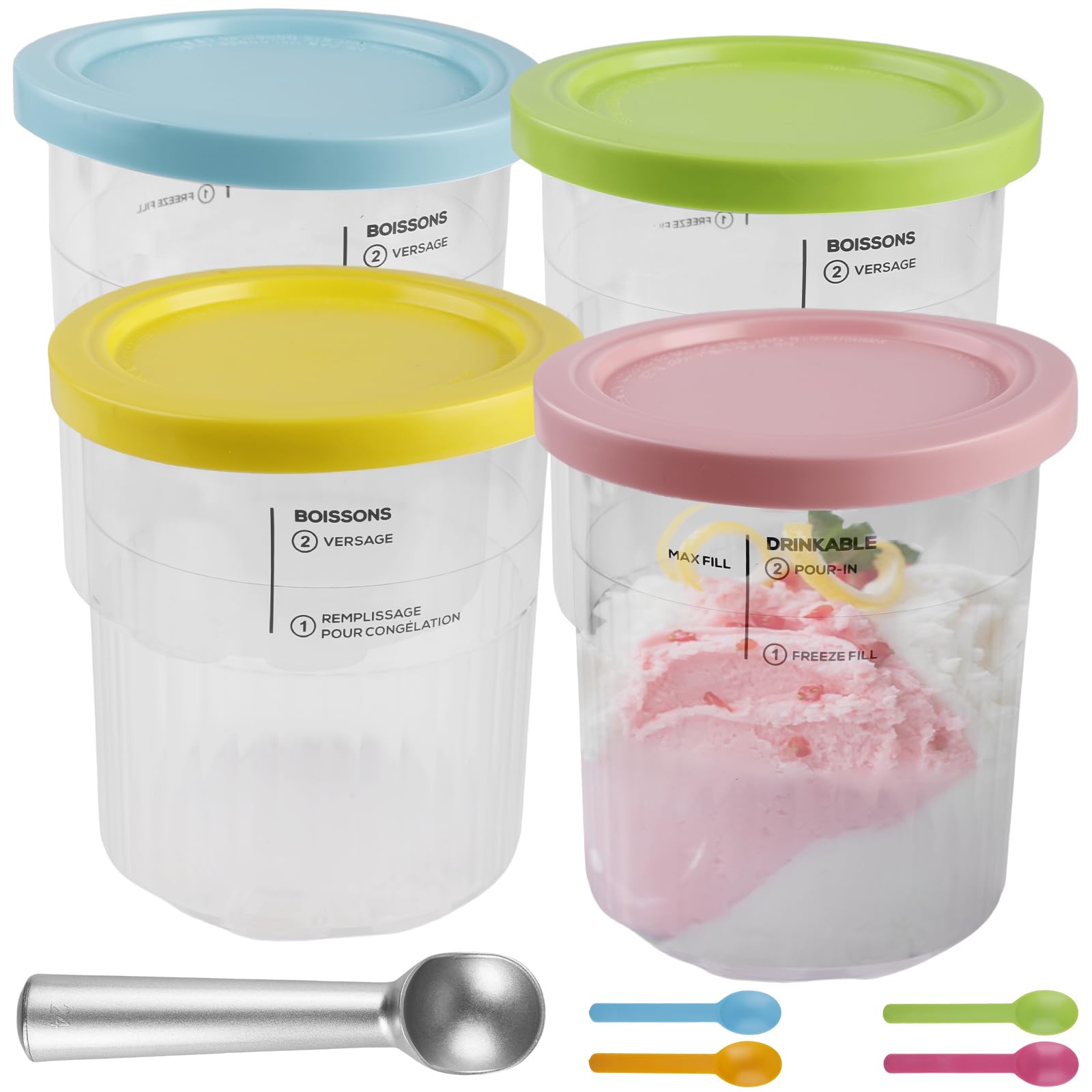 GOMETY Creami Lot de 4 récipients pour sorbetière Ninja Creami, Creami Deluxe pour sorbetière Ninja Creamy NC500EU NC501EU, accessoires anti-fuite, en rose, jaune, vert, bleu