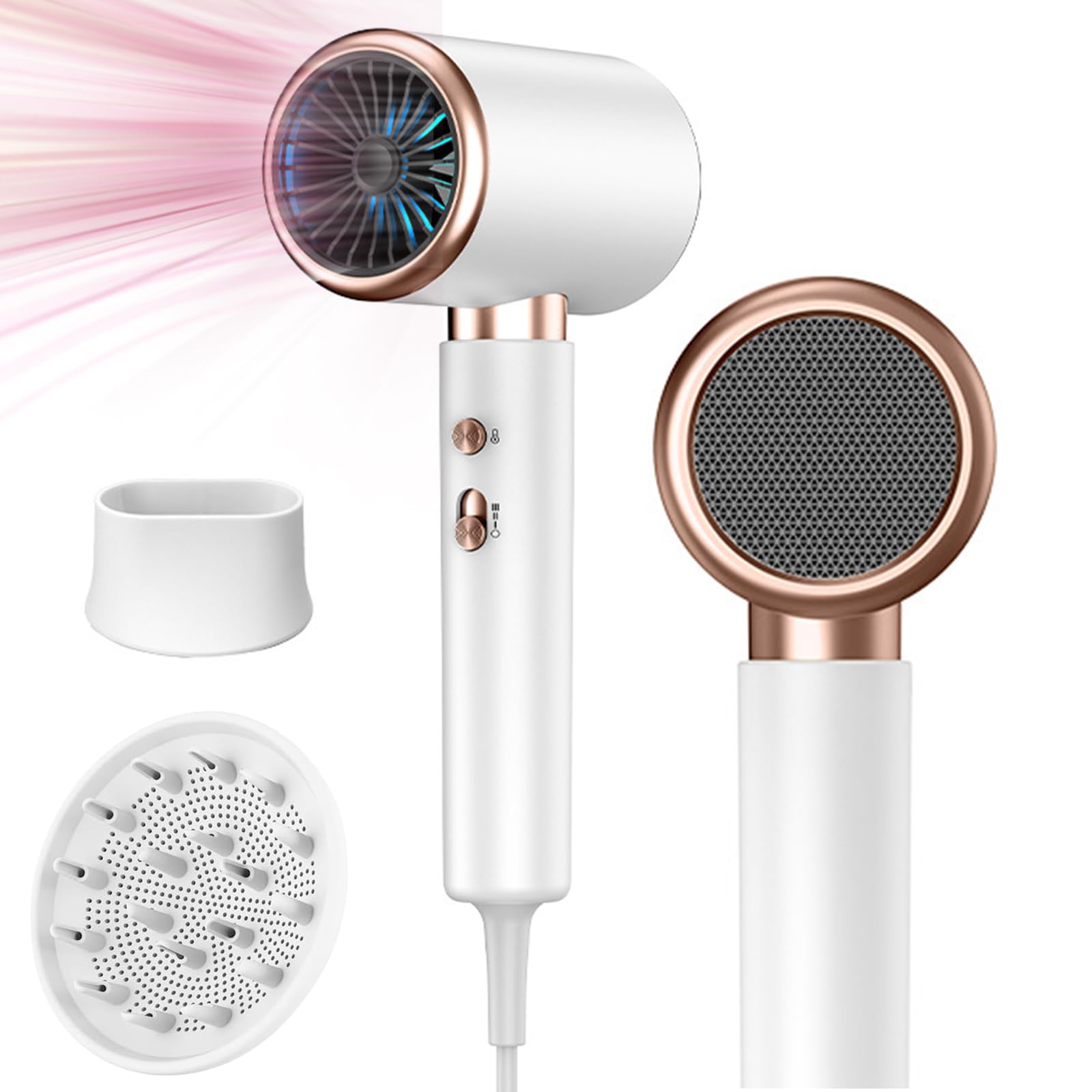 Secador de pelo iónico profesional con botón frío/calor, 3 ajustes de temperatura, 2400 vatios con difusor, para peluquería profesional/doméstica