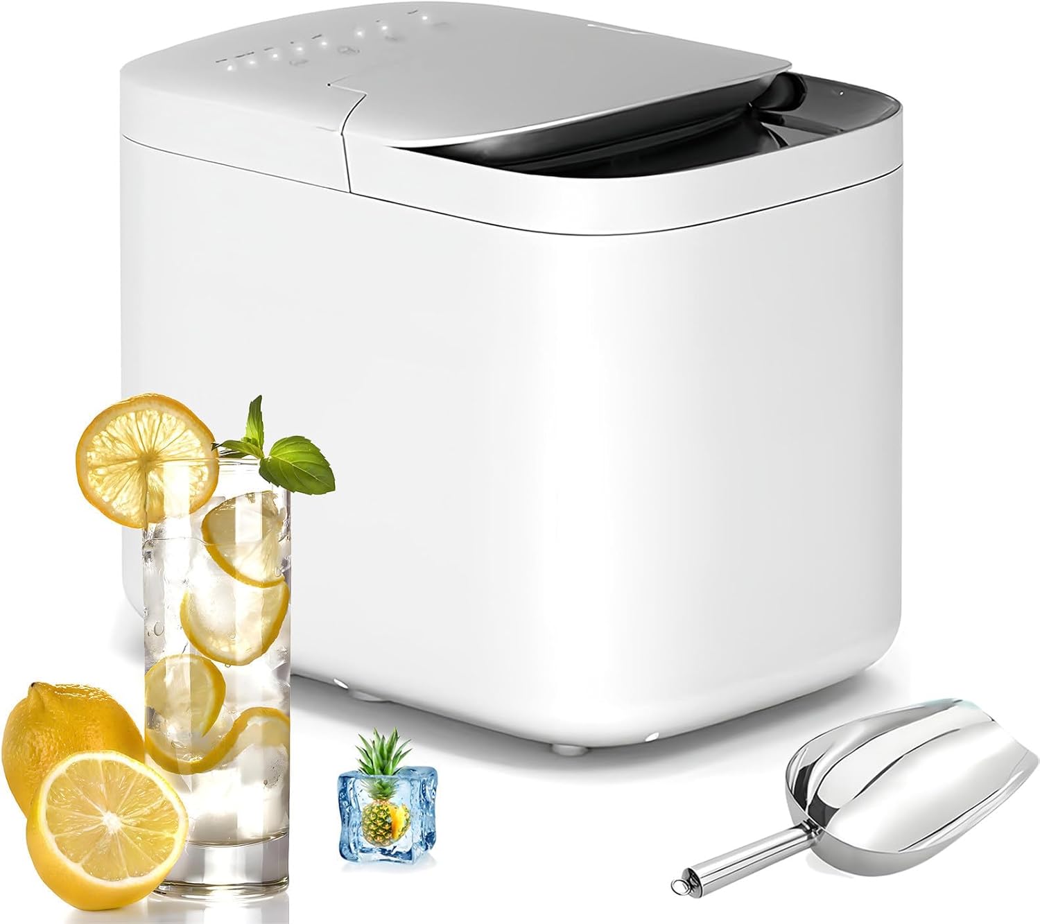 Countertop Ice Maker Portable 15kg/24Hrs 9 Cubes in 6 Mins Self-Cleaning 2 Sizes Bullet -Shaped Ice w/Scoop & Basket for Home RV Office Bar