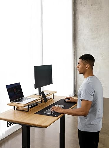 Miniatura 8 de Oakywood Soporte doble para monitor, hecho a mano en la UE, elevador de madera natural, accesorios para portátiles, capacidad de 220 libras, 41.3 x
