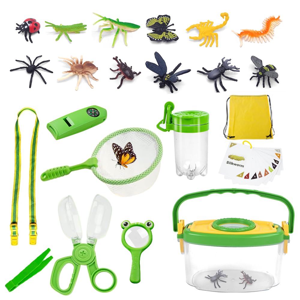 KBIBCK Bug Hunting Kits for Children, 20 Pcs Bug Catcher for Kids with 12 Fake Insects, Magnifying Glass, Bug Catcher, Explorer Kit for Kids, Outdoor Explorer Kit Toys for 3-8 Years Old