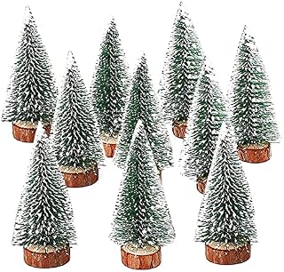 10 PCS Artificial Mini Christmas Trees Miniature Sisal Frosted Christmas Trees Miniature Christmas Tree Mini Ornament Tabletop Trees Miniture Snowing Pin Trees with Wooden Bases for Xmas Party 10cm