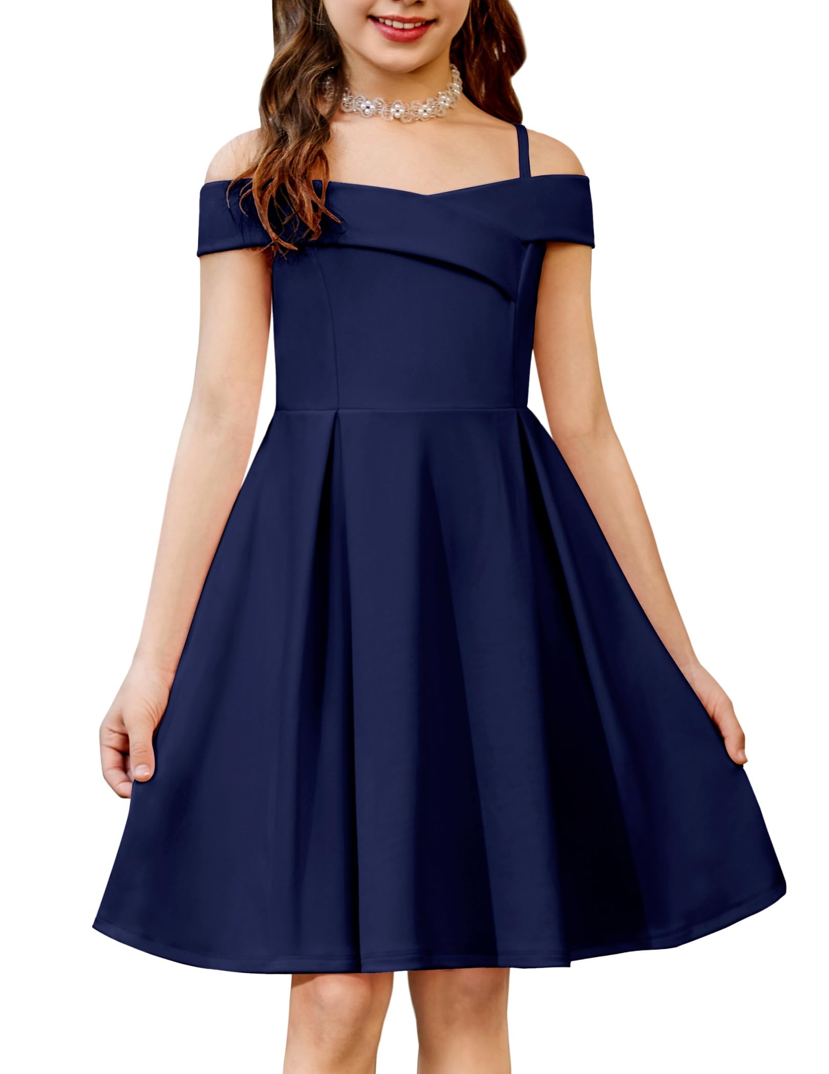 Arshiner Girls Summer Dress Off Shoulder Fold Pleated Formal Elegant A-Line Party Dresses with Pocket — view 15