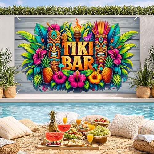 Image of BlissYard Luau Party Decorations Hawaiian Tiki Bar Banner 71 x 43 Inch Tiki Party Decorations Aloha Banner Luau Decor Tiki Bar Backdrop with Tiki Masks Flowers for Summer Beach Wall Decor