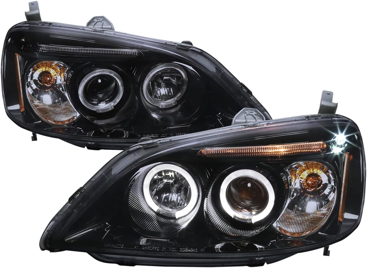LED Halo Glossy Black Housing Smoke Lens Projector Headlights Compatible with 2001-2003 Honda Civic 2/4 Door, Left + Right Pair Headlamps Assembly