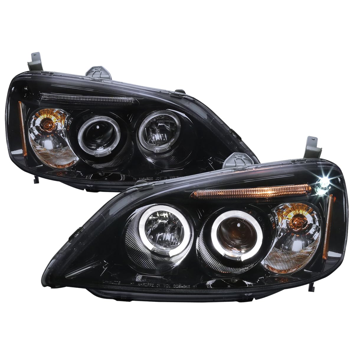 SPEC-D TUNING LED Halo Glossy Black Housing Smoke Lens Projector Headlights Compatible with 2001-2003 Honda Civic 2/4 Door, Left + Right Pair Headlamps Assembly