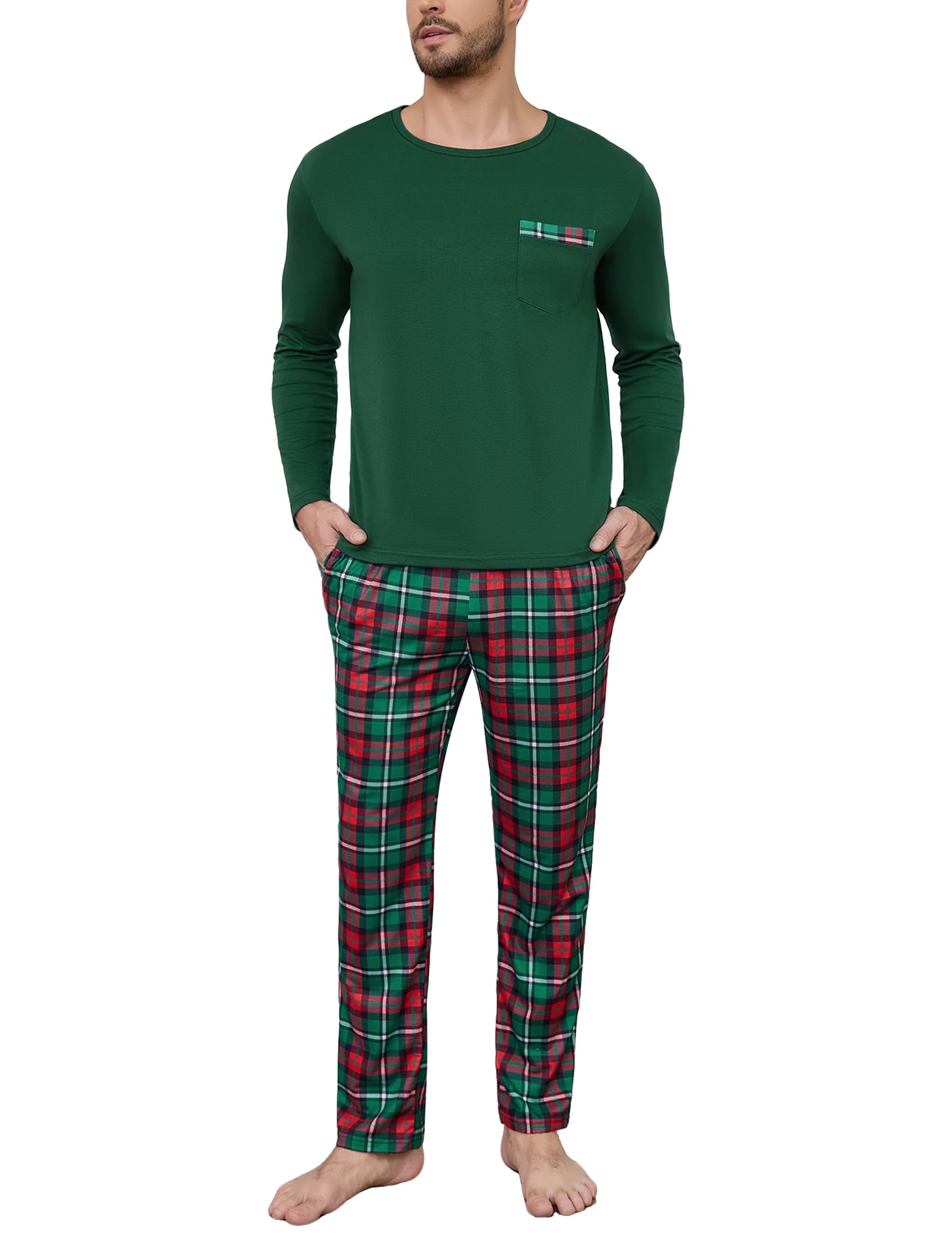 Sykooria Men's Cotton Pajamas Set Long Sleeve Plaid Loungewear Cozy Striped Sleepwear 2 Piece Comfy Pjs Set with Pockets