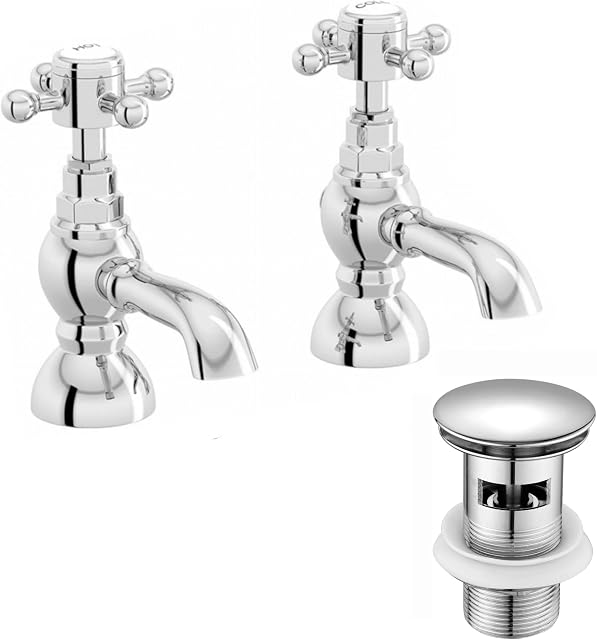 ENKI, Camberley, BBT0115, Chrome, Twin Hot & Cold Basin Taps with Slotted Waste, Traditional Victorian Cross Handle, Solid Brass, Easy Clean, Traditional Design, Easy to Install, 10-Year Guarantee