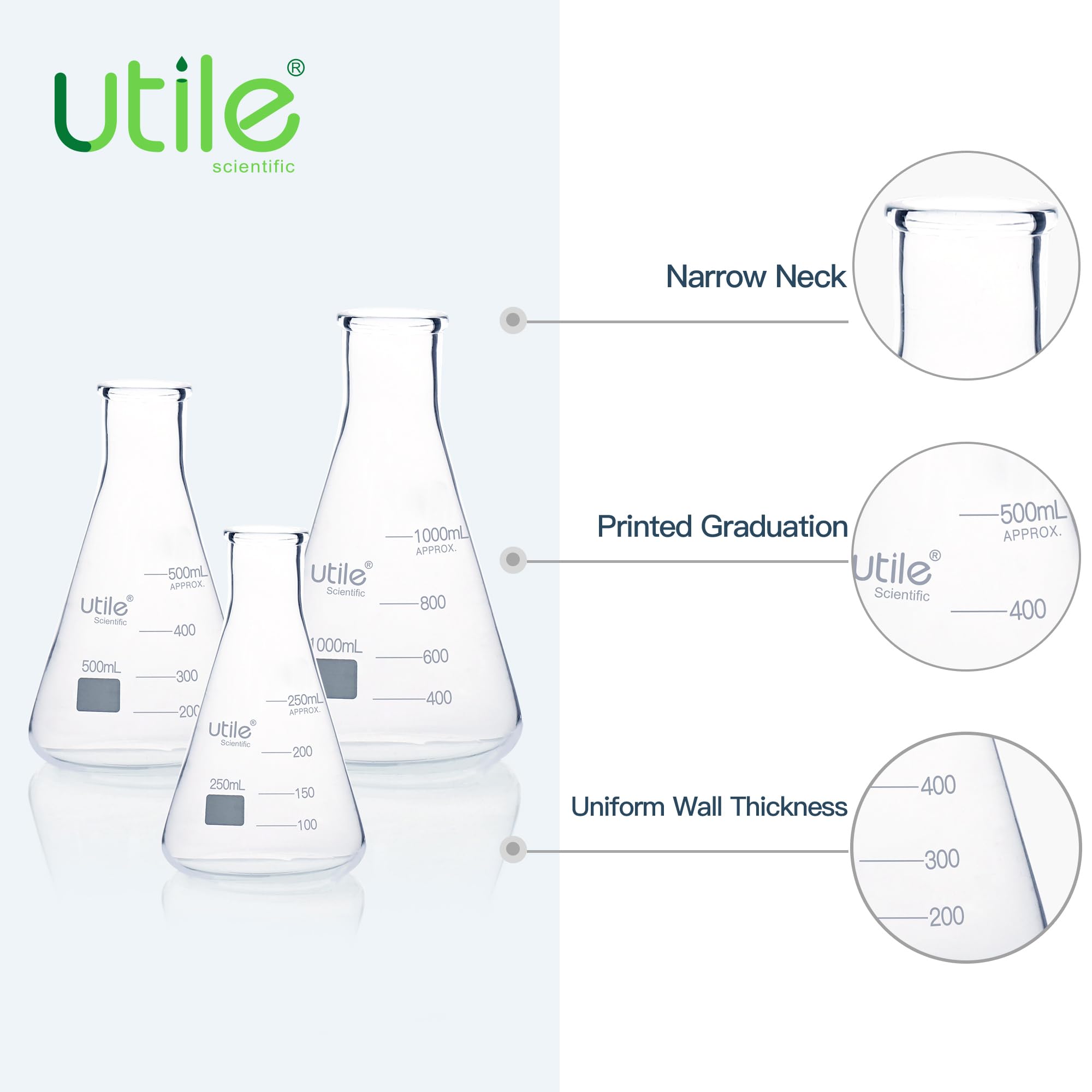 Utile Juego de 3 frascos Erlenmeyer de vidrio de 250 ml, 500 ml, 1000 ml, frascos Erlenmeyer de boca estrecha, frascos cónicos de vidrio borosilicato 3.3 para laboratorio, 4016.9917.1