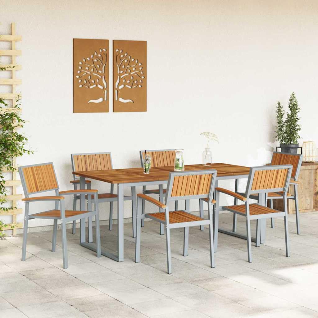 Lot de 7 tables de jardin en acacia + acier résistant aux intempéries, moderne, pliable, extensible, pour jardin, terrasse et balcon 180 x 90 x 75 cm