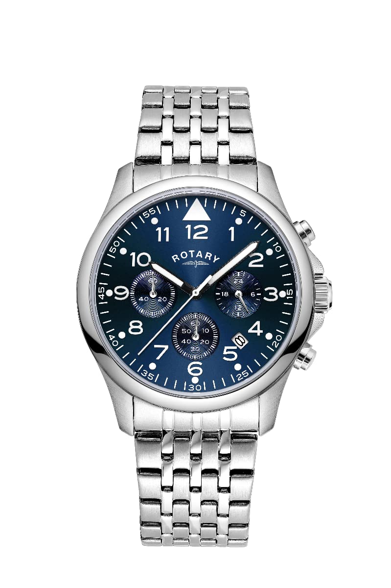 Rotary GB00475/52 - Orologio analogico al quarzo, da uomo, con cronografo, quadrante blu e cinturino in acciaio inox argentato