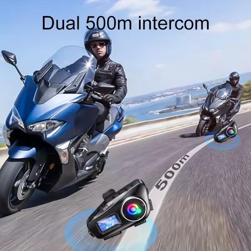 Motorcycle Helmet Intercom Bluetooth Headset,Helmet Intercom Headphones with LED Screen,illumination,FM Radio,IP67 Waterproof,Voice Assistant,1800ft,Music Sharing (Hard Mic for Half/Full/Face Helmets)