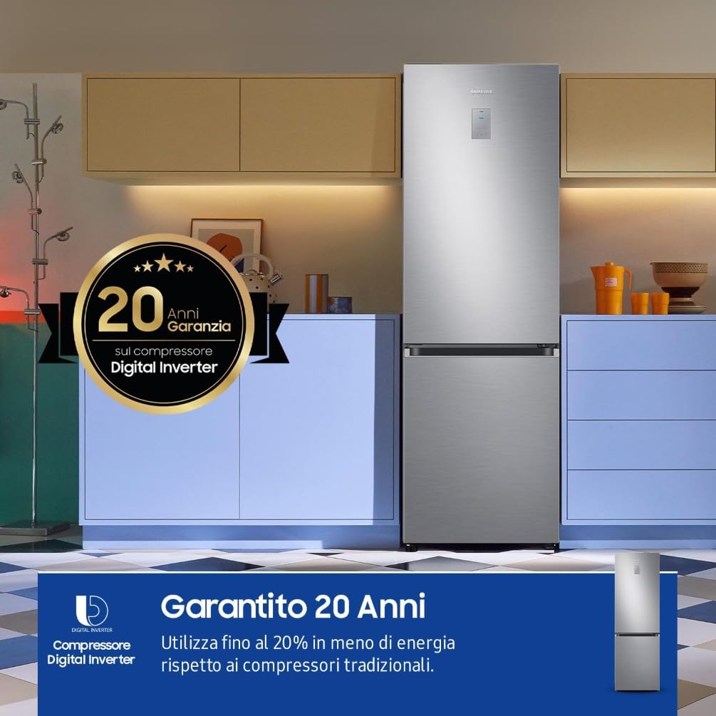 Samsung EcoFlex AI RB34C775CS9/EF Frigorifero Combinato, WiFi, SpaceMax, Total No Frost, All Around Cooling, Motore Digital Inverter Garantito 20 Anni, 344 L, LxAxP: 59,5 x 185,3 x 65,8 cm, Metal Inox