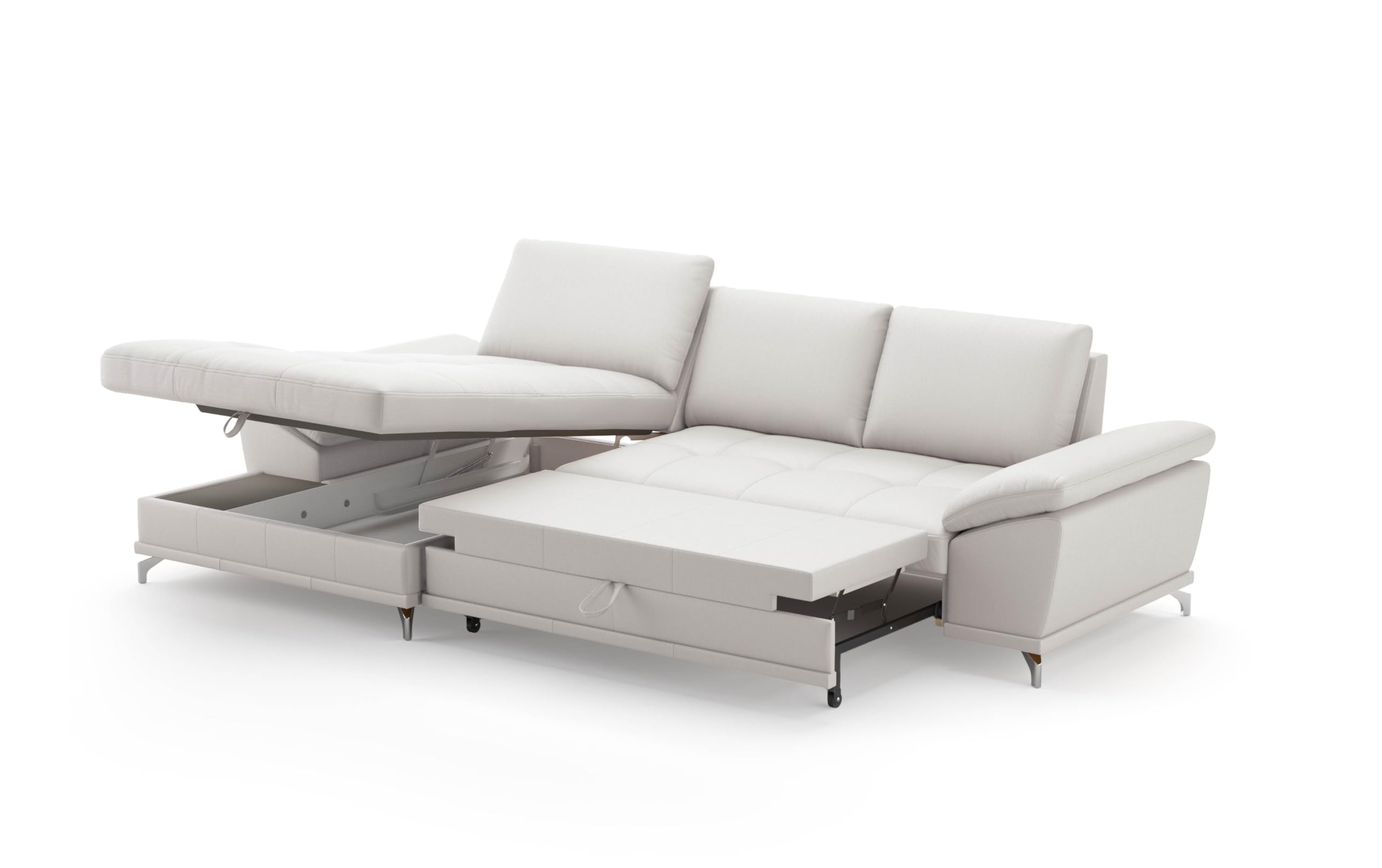Cavadore Eckcouch Castiel mit Federkern / Ecksofa mit XL-Longchair, Bett, Bettkasten, Sitztiefenverstellung, Kopfstützen und mattschwarzen Metallfüßen / 301 x 89-114 x 176 / / Echtleder, Weiß