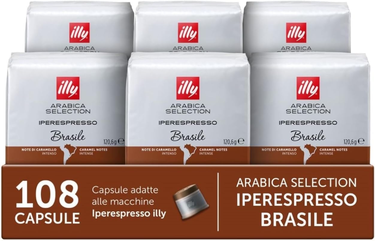 Caffè ILLY Iperespresso Miscela BRASILE,108 Capsule Originali, 100% Arabica con Note di Caramello e Frutta Secca -DD-