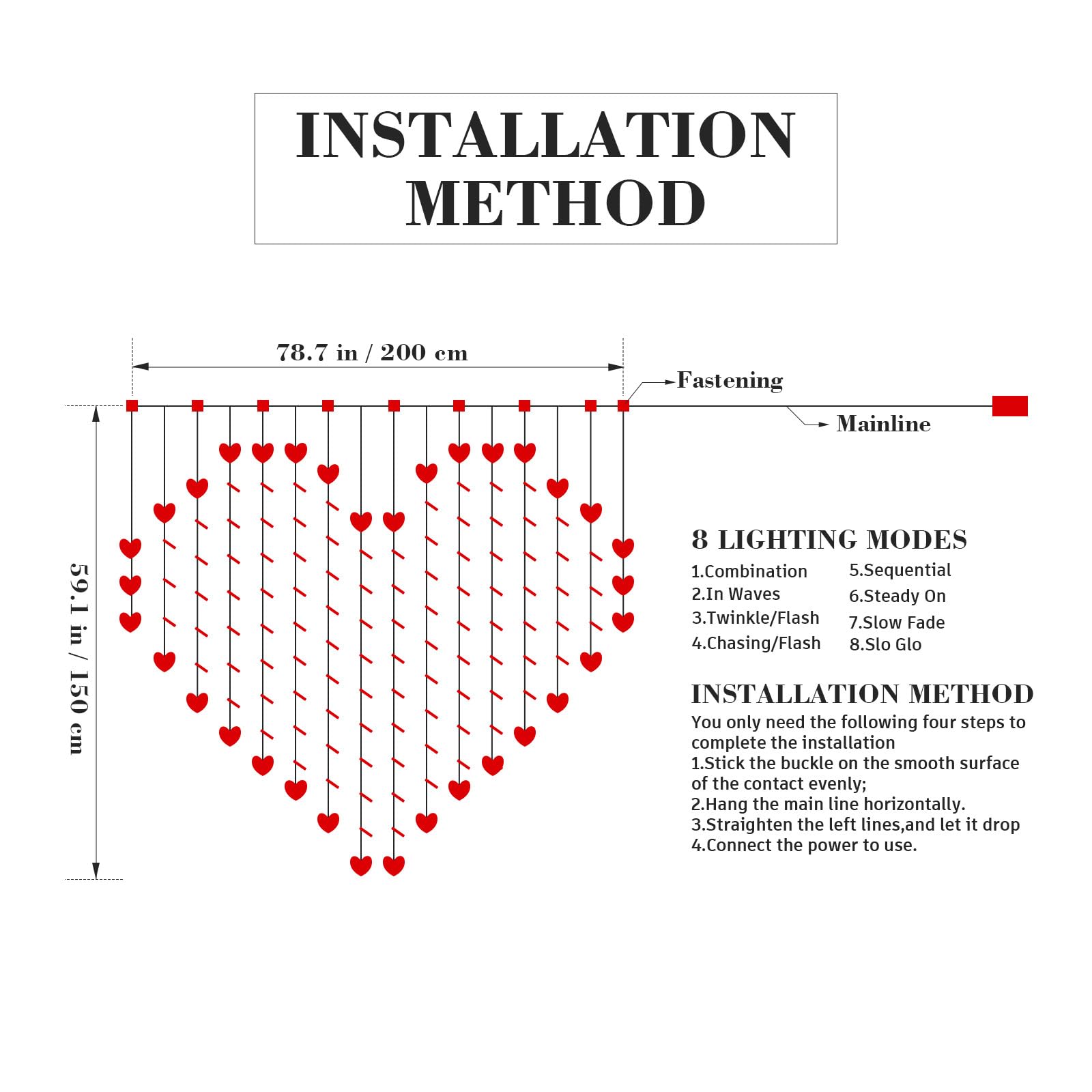 SHINEOFI Herzförmige Led-lichterkette für Fensterdekoration im Innenbereich, Ideal für Hochzeiten, Valentinstag Und Andere Anlässe, 78,7 X 59 Zoll, Rot (ohne Batterie)