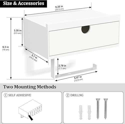 Miniatura 5 de Domax Soporte de papel higiénico blanco con estante, soporte de pared  adhesivo para papel higiénico de baño, soporte de papel higiénico de madera