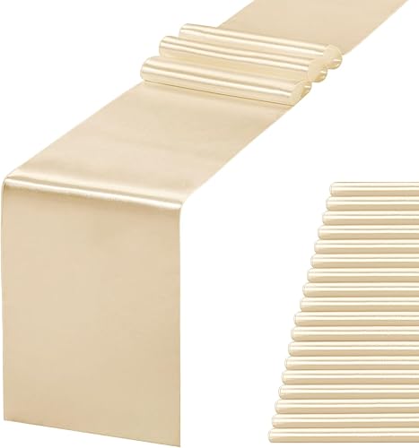 Miniatura 7 de Paquete de 10 caminos de mesa de satén de 12 x 108 pulgadas de seda para fiestas, bodas, cumpleaños, banquetes, decoración (oro antiguo)