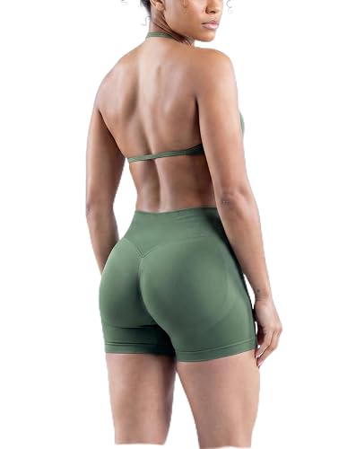 MOYOOGA 2 Piece Workout Sets for Women Seamless Shorts and Strappy Sports Bra Athletic Gym Yoga Matching Outfits - Medium - Olive Green